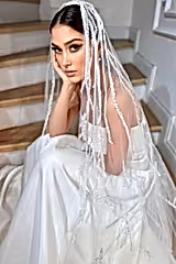 Amber Çizgisel Dantel İşlemeli Özel Tasarım Uzun Duvak - Mediha Cambaz Bridal