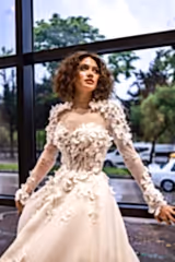 Flamenco Üç Boyut Çiçekli Portatif Uzun Kollu A Kesim Gelinlik - Mediha Cambaz Bridal
