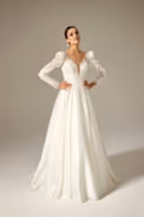 Minso Saten Drapeli Uzun Kol A Kesim Gelinlik - Mediha Cambaz Bridal