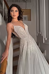 Ruby İpek Tül Dantel V Yaka Helen Gelinlik - Mediha Cambaz Bridal